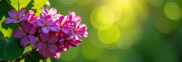 Vibrant pink flowers bloom against a soft green background in a tranquil garden setting during springtime. Generative AI