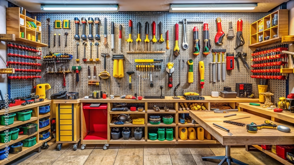Poster organized tool set in a professional workshop environment with various hand tools, power tools, and 