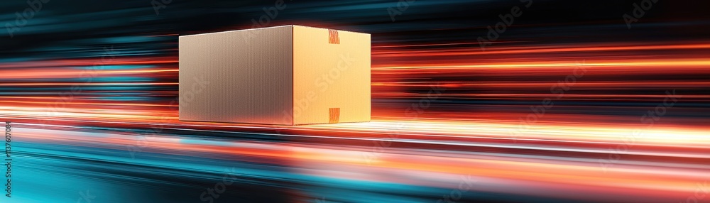 Poster a dynamic image featuring a moving container against a backdrop of vibrant, streaking lights, symbol