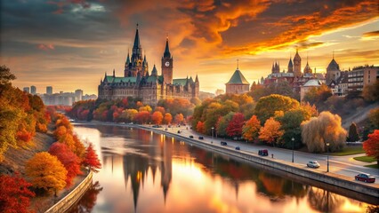 Naklejka premium Ottawa Double Exposure: Cityscape, Nature, Fall Colors, Canada, Photography, Artistic, Surreal, Dreamy, Autumn Leaves, Parliament Hill, Rideau Canal, Gatineau Hills, Scenic, Beautiful, Majestic, 