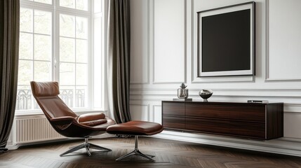 Fototapeta premium Relaxing Modern Interior Design with Brown Leather Chair and Ottoman