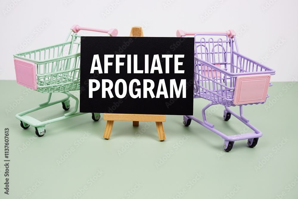 Poster affiliate program text message and trolley shopping cart on green background