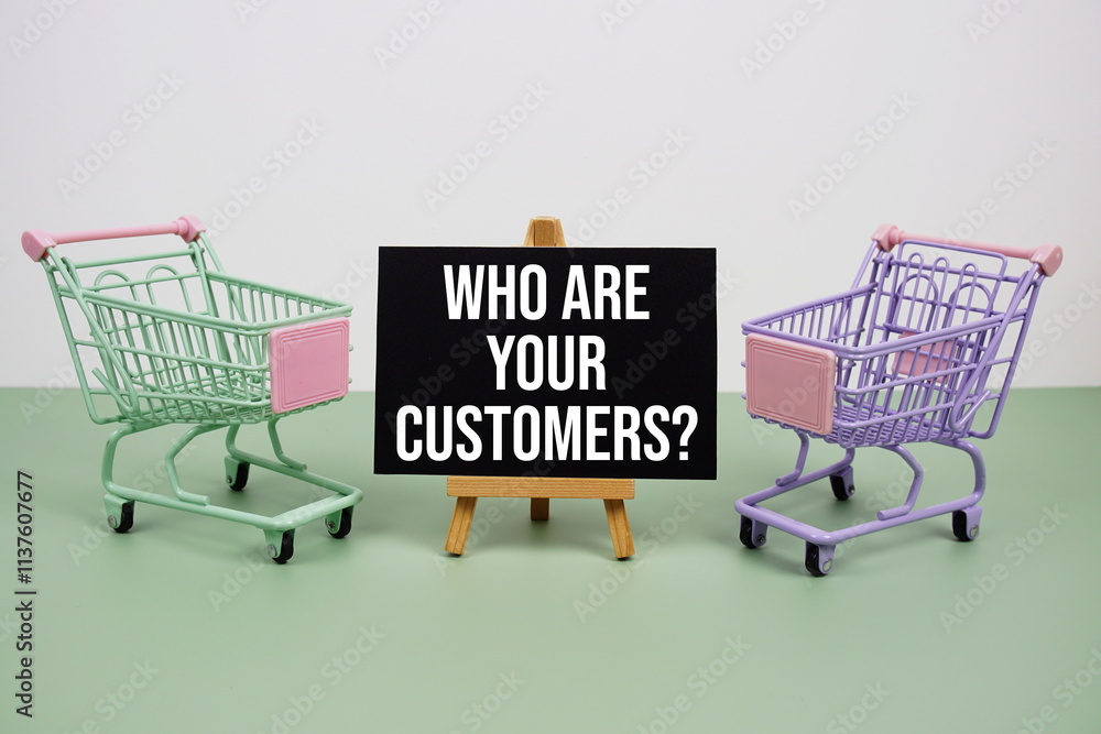 Poster who are your customers? text message and trolley shopping cart on green background