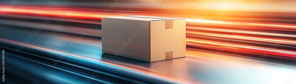 Poster a package sits on a vibrant surface with motion blur effects, symbolizing speed and efficiency in sh