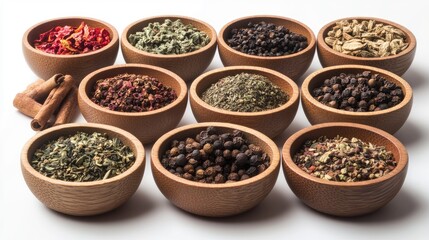 Assorted spices in small wooden bowls, neatly arranged on a plain white background, showcasing vibrant colors and textures