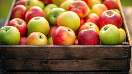 Apple harvest concept. Fresh apples in a wooden crate showcasing vibrant colors and textures.