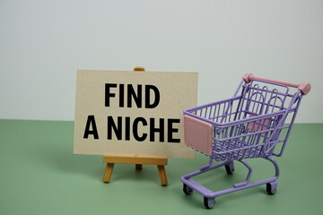 Find A Niche text message and trolley shopping cart on green background