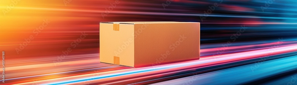 Poster a dynamic image of a cardboard box on a colorful streaked background, suggesting speed and movement 