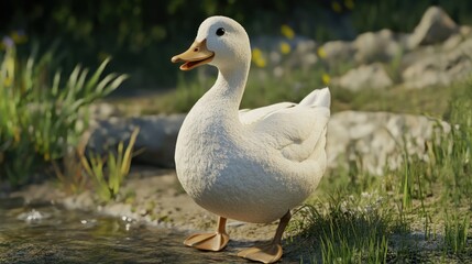 Fluffy white duckling standing by a stream in a sunny meadow.