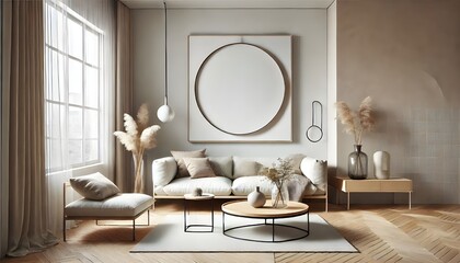Fototapeta premium Minimalist Living Room Interior with Circular Wall Art and Natural Light
