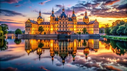 Palace River Evening Portrait Photography - Majestic Sunset, Regal Architecture, Water Reflection