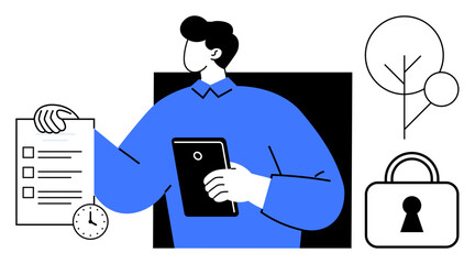 Man holding tablet and checklist with clock indicating time management, tree representing growth, and lock denoting security. Ideal for productivity, organization, security, time management, digital