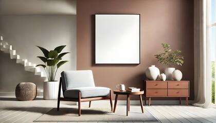 Modern Living Room Mockup with Empty Frame and Neutral Tones