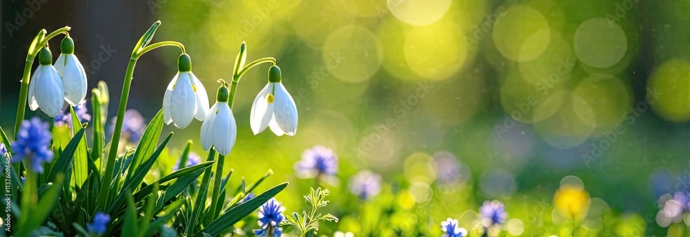 Poster snowdrop flowers bloom in a vibrant green garden during spring sunlight creating a refreshing atmosp