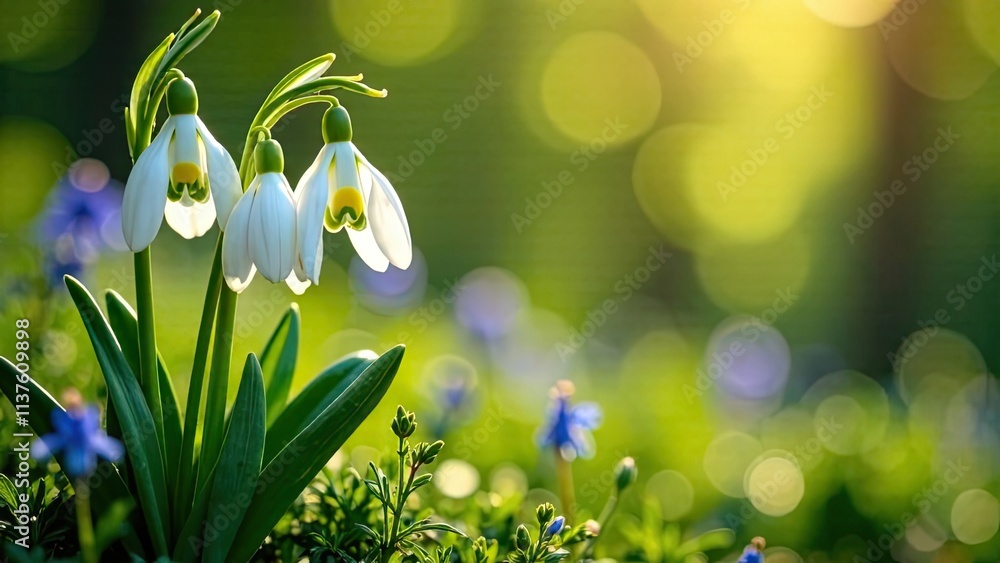 Poster snowdrop flowers bloom in a lush garden during early spring with soft sunlight filtering through gre