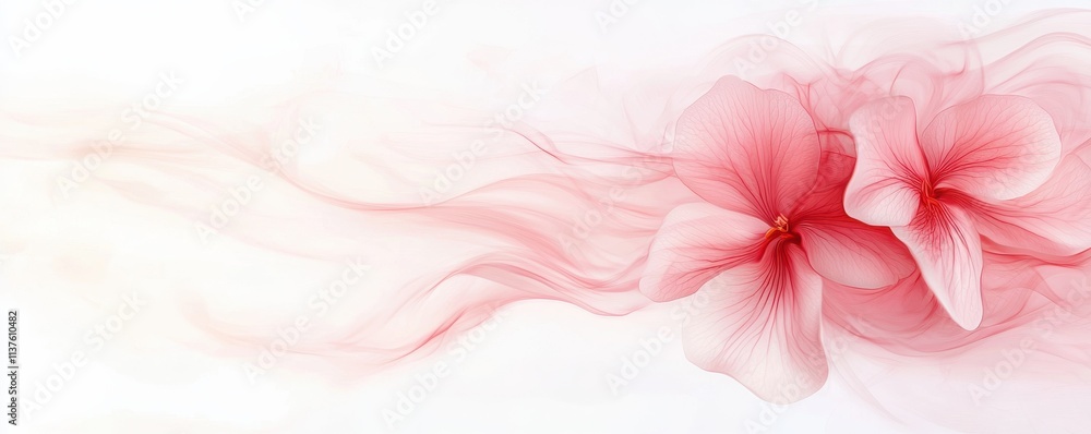 Poster a soft, ethereal image featuring delicate red flowers blending with flowing wisps, creating a tranqu