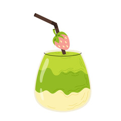 Matcha drink. Layered cocktail of green tea.  Elements for menu, recipe, label, packaging design. Trendy asian beverage.