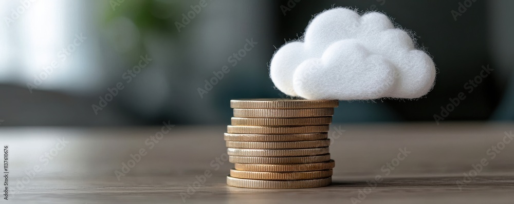 Poster a stack of coins topped with a fluffy cloud, symbolizing the concept of wealth and dreams.