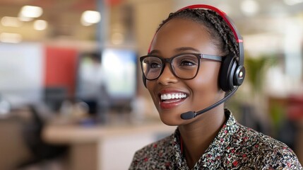 Smiling woman with headset in office.