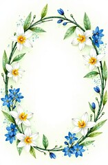 Elegant floral border design featuring white and blue flowers with green leaves for decorative purposes. Generative AI