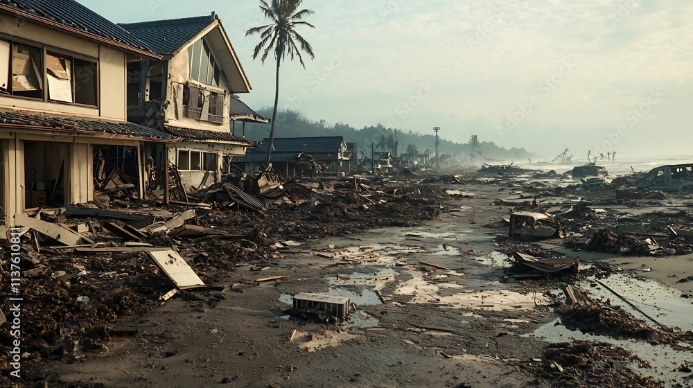 Poster a photograph of a tsunami aftermath map with a virtual twin simulating infrastructure recovery plans