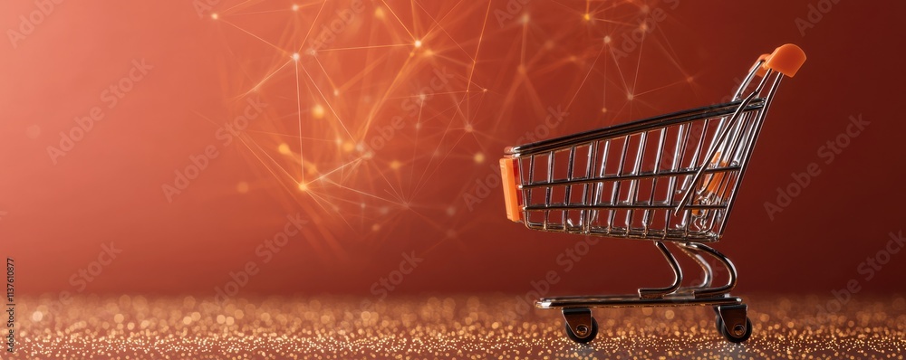Poster a shopping cart on a textured surface, set against an abstract background with connected dots and li
