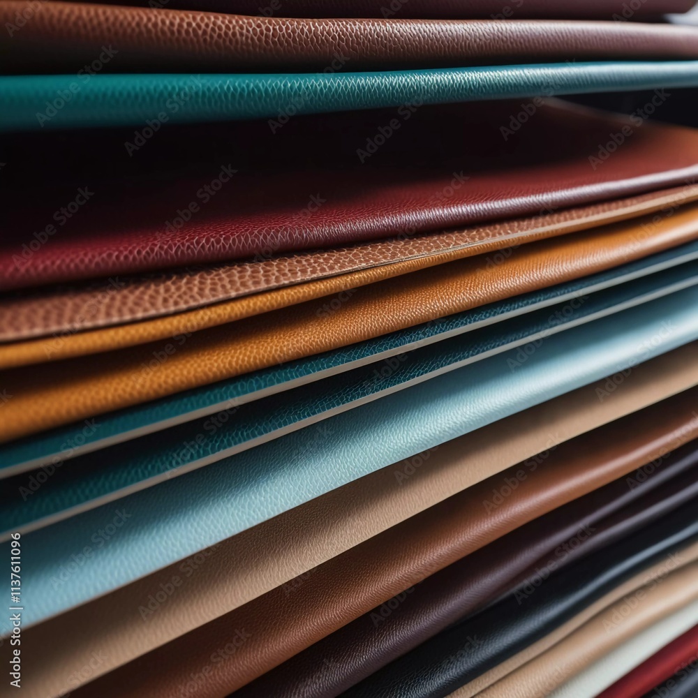 Poster samples of genuine cow leather in different colors are arranged neatly on a surface, showcasing the 