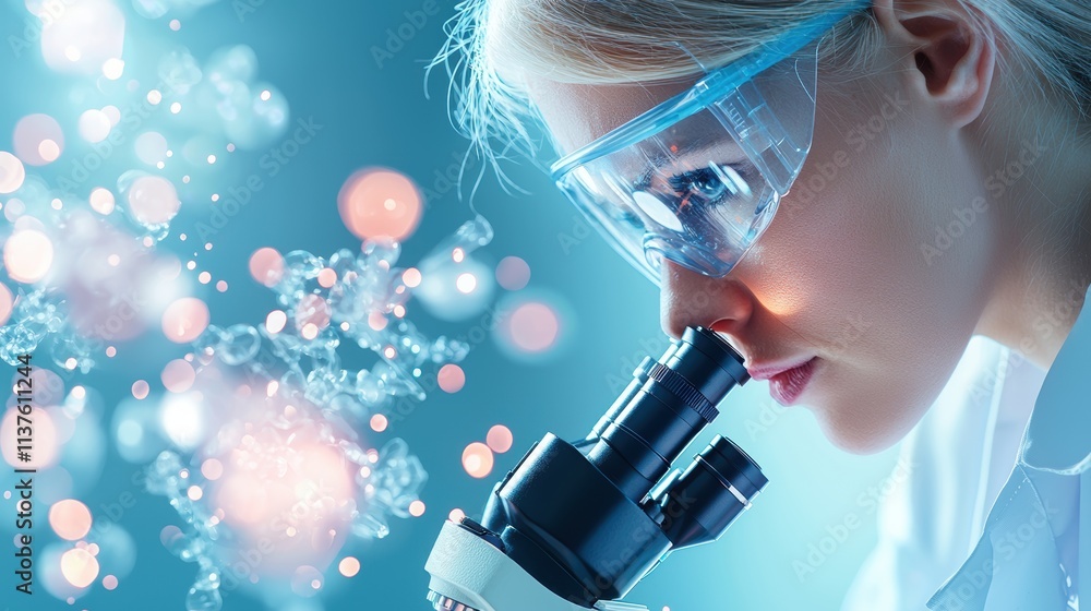 Poster a scientist in a lab coat peering through a microscope with a focused expression, surrounded by test