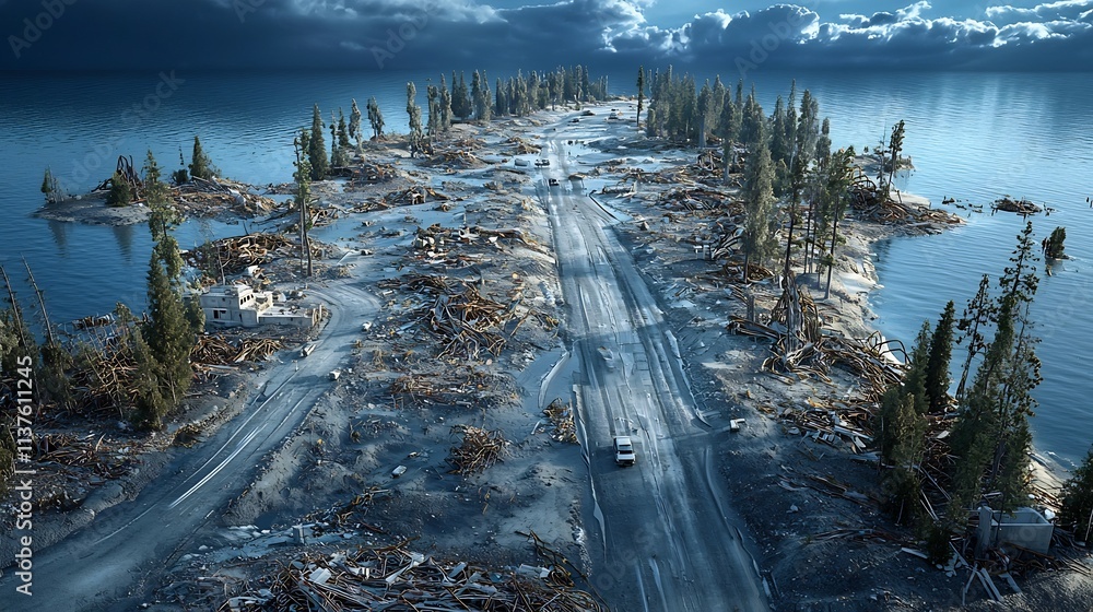 Poster detailed tsunami aftermath map with virtual twin simulation showcasing infrastructure recovery plans