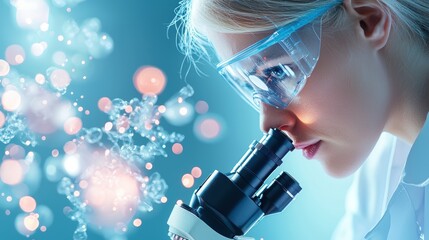 A scientist in a lab coat peering through a microscope with a focused expression, surrounded by test tubes and lab equipment, symbolizing scientific inquiry and discovery.