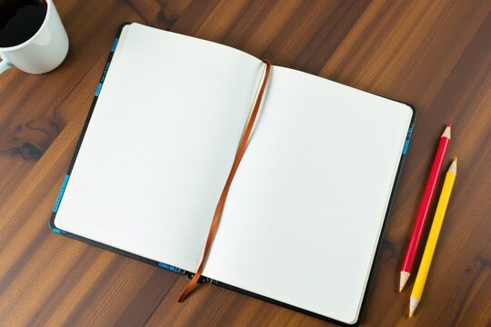 Inspire Creativity with This Open Notebook and Colorful Pencils on a Warm Wooden Table, Perfect for Writing, Sketching, or Brainstorming Ideas