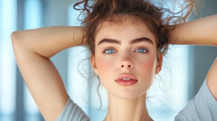 Fototapeta premium A young woman stretches her muscles after a satisfying workout, a look of accomplishment and revitalization on her face.