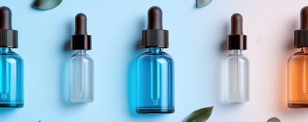 Obraz premium A modern arrangement of colored glass dropper bottles on a blue background, complemented by green leaves.