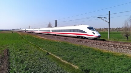 Fototapeta premium High-Speed Train Across Green Fields: A Glimpse of Modern European Transportation