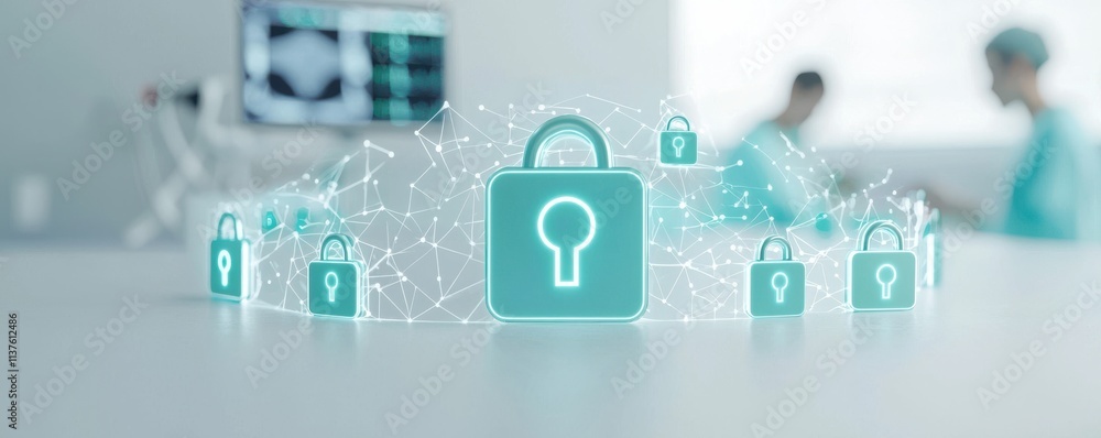 Poster the image depicts digital padlocks symbolizing security in a healthcare setting, with professionals 