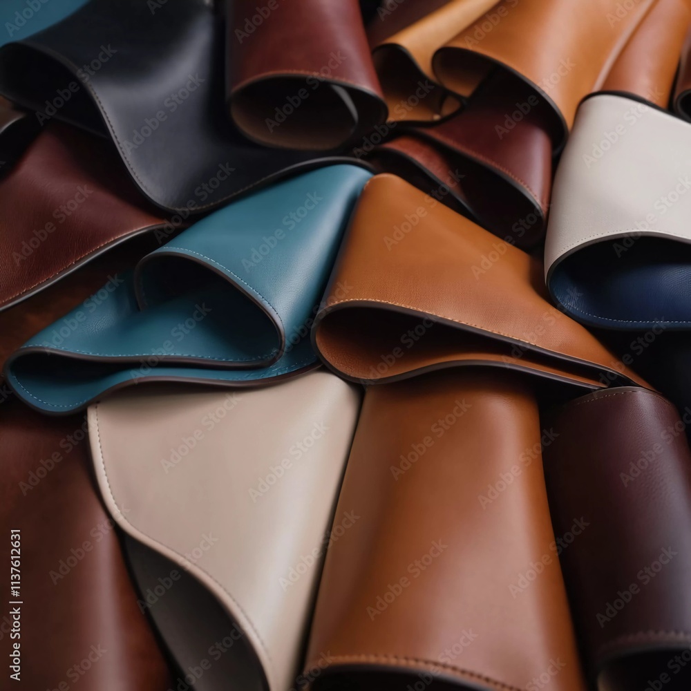 Poster samples of genuine cow leather in different colors are arranged neatly on a surface, showcasing the 