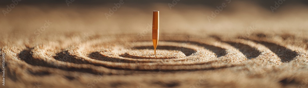 Poster a solitary stick protrudes from a circular sand pattern, creating ripples that symbolize tranquility