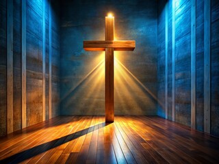 Naklejka premium Panoramic Dimly Lit Room Wooden Cross Shadow Light Beam Spiritual Photography