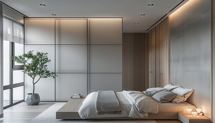Modern minimalist interior, rectangular bedroom, in neutral gray tones, cozy bed, partition between a large room made of frosted glass three sections, white ceiling with minimalist lighting.