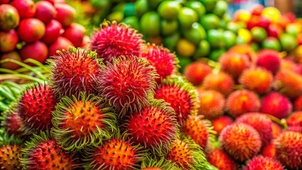 Panoramic Fresh Rambutan Display Supermarket - Exotic Fruit Photography