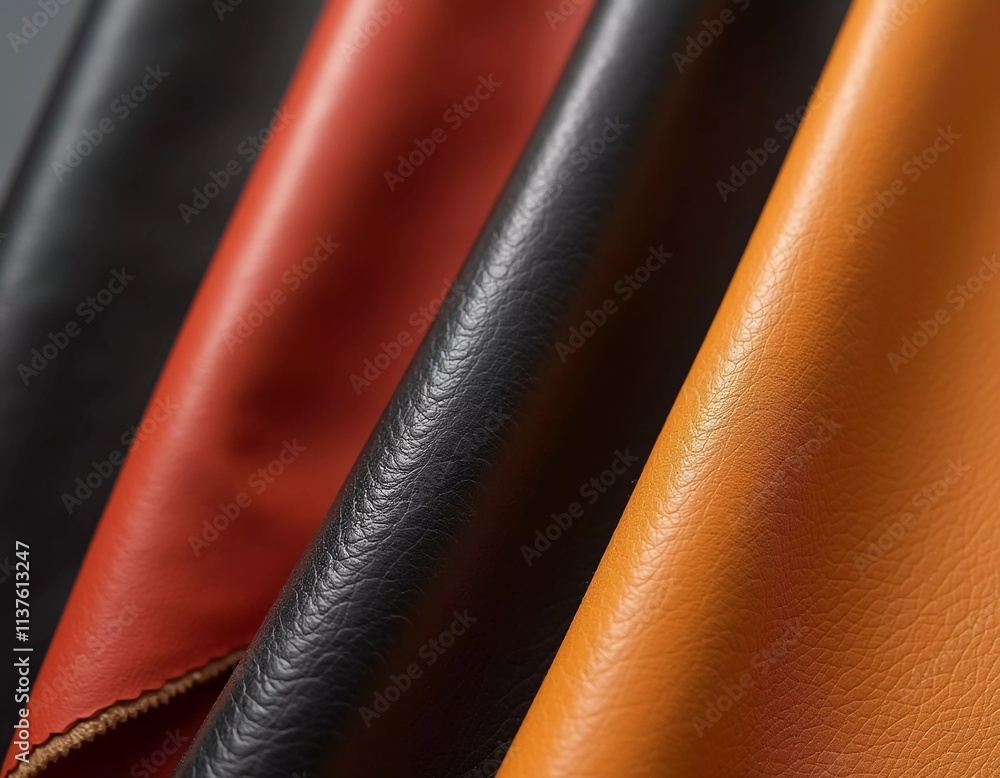 Poster samples of genuine cow leather in different colors are arranged neatly on a surface, showcasing the 