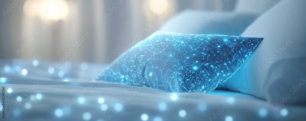 Poster a dreamy blue pillow with sparkling details rests on a bed surrounded by soft light, creating a tran