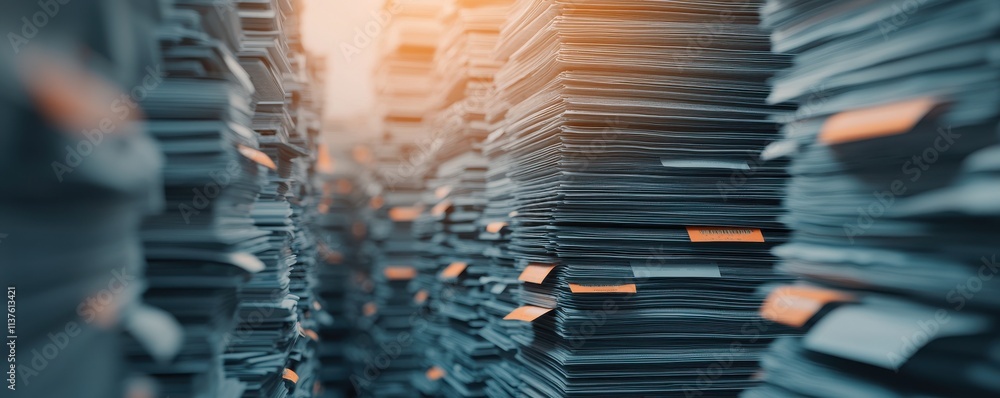 Poster a visually striking image of stacked documents creating a tunnel-like effect, illuminated by warm li