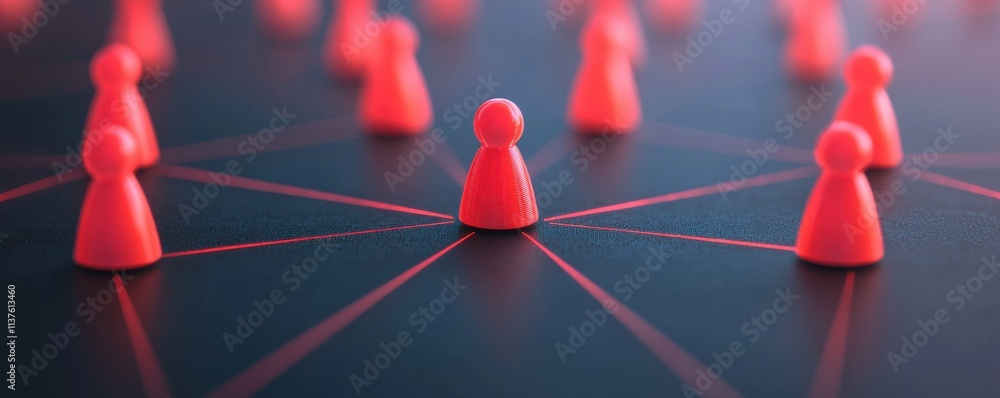 Poster a network of red game pieces connected by lines, symbolizing communication and collaboration within 