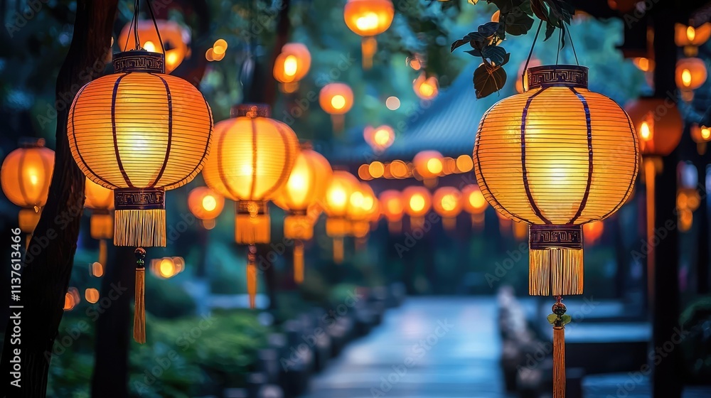 Poster chinese lanterns concept. beautiful lanterns illuminate a serene garden pathway, creating a magical 