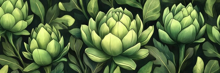 A banner filled with vibrant artichokes, their fresh green tones and intricate textures creating a seamless, healthy, and organic background