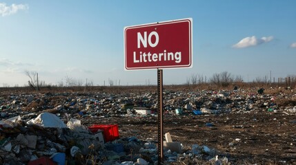 A bold "No Littering" sign standing prominently in front of a garbage pile, the contrast emphasizing the need for environmental responsibility in a polluted area