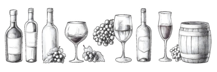 Graphite wine set. Grapes, wine bottles, wineglasses, barrel. Hand drawn modern vintage set of alcoholic beverages, white or transparent background