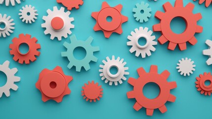 Interlocking gears of different sizes and colors working in perfect harmony, symbolizing the interconnectedness and collaboration required for innovation.