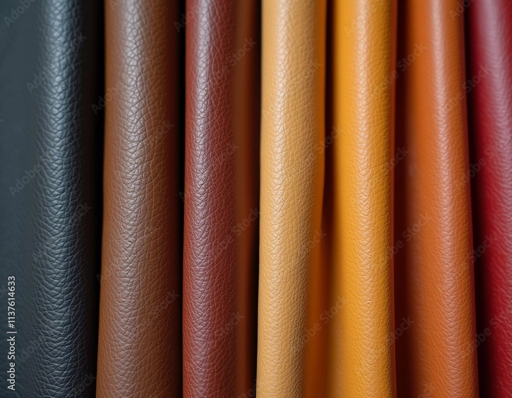 Poster samples of genuine cow leather in different colors are arranged neatly on a surface, showcasing the 